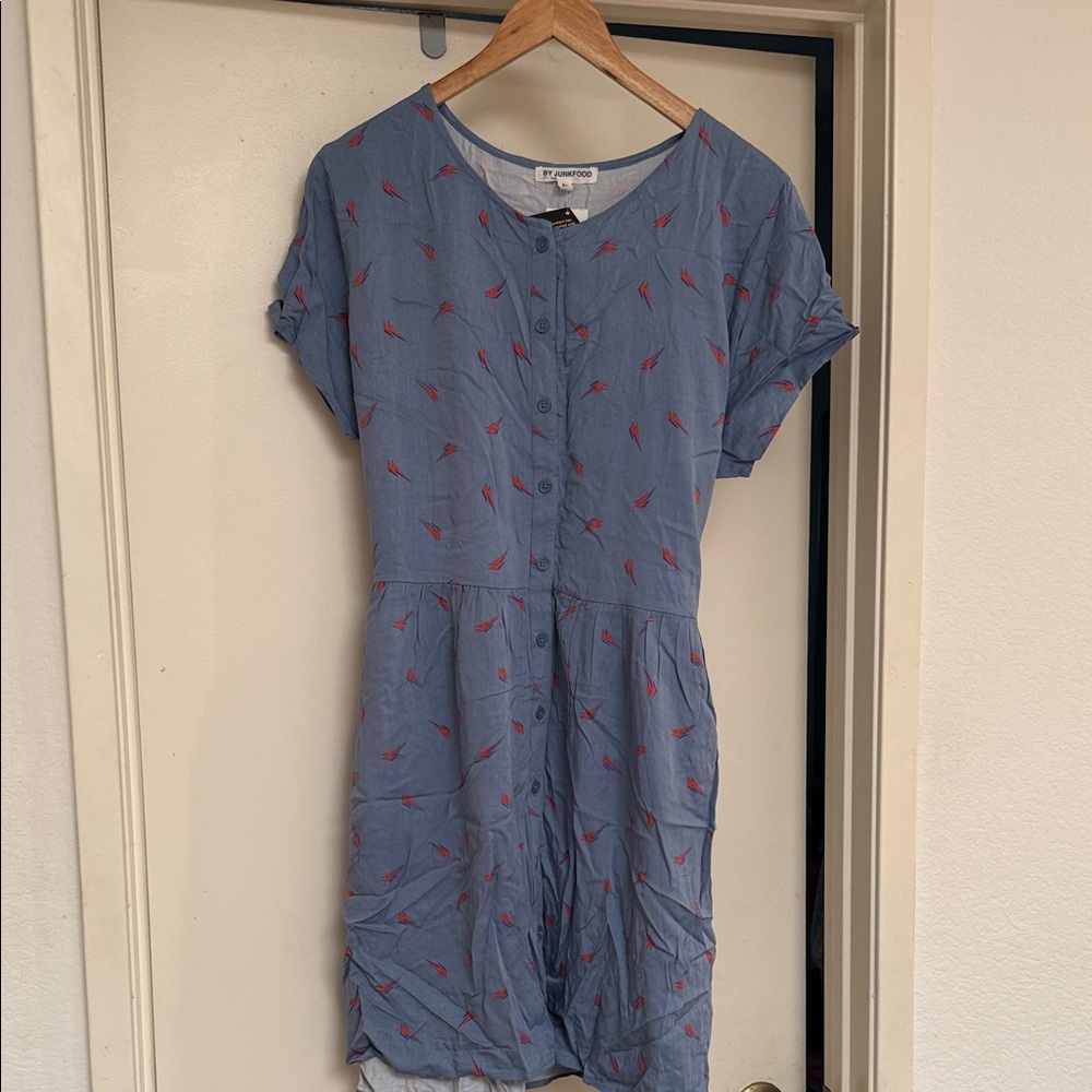 JUNKFOOD Blue Button-Up Dress with Red Accents